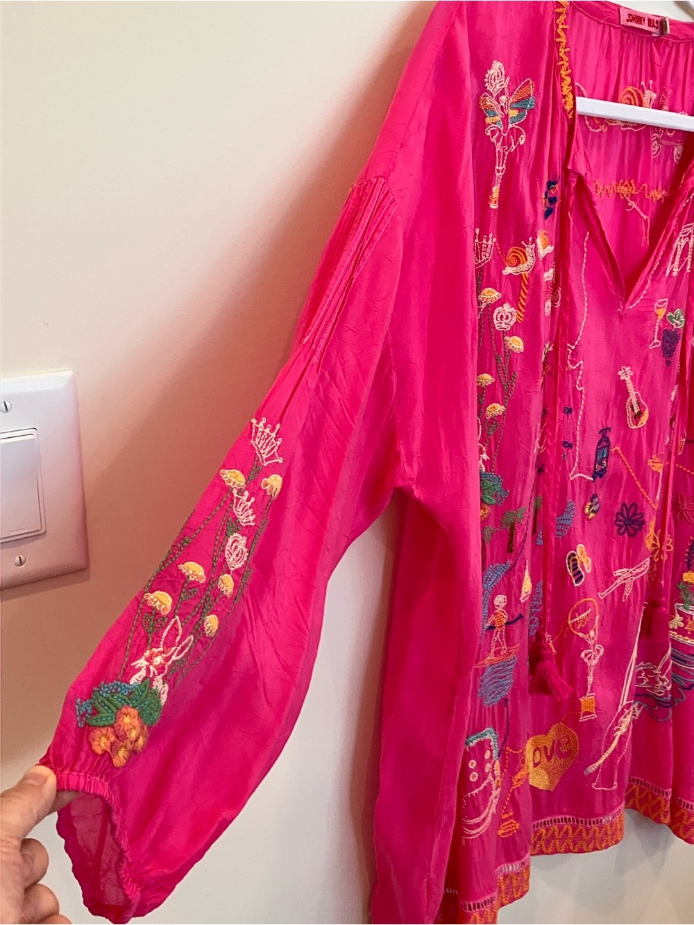 Johnny Was Bright Fuchsia Embroidered V-Neck Tunic - Picture 6 of 14